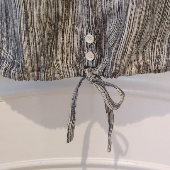 209WST38  Gray/Blue Striped Blouson Button Front Linen Top  Size 8 - Picture 9 of 9